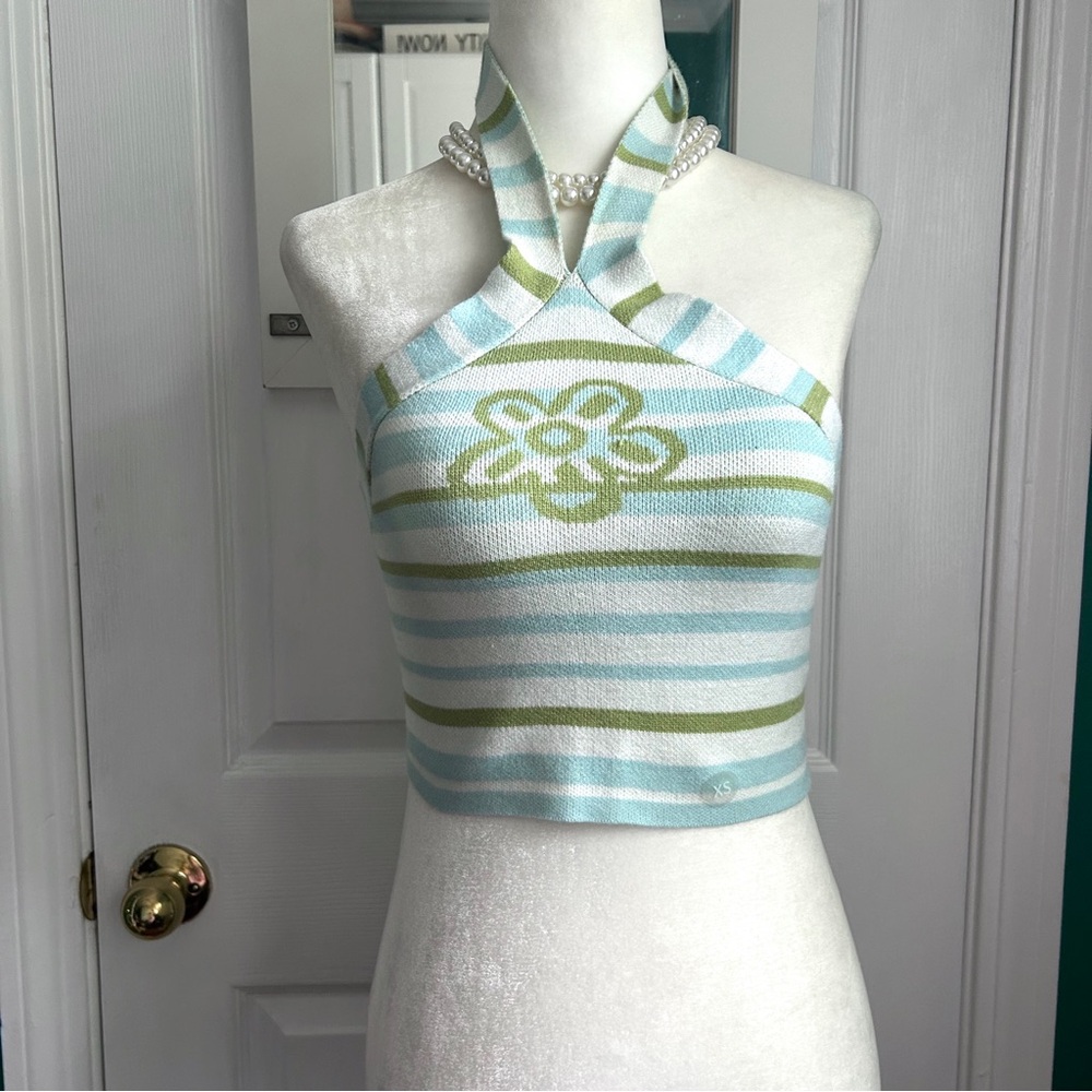 Striped Knit Halter Neck Top Lt Blue and Green XS NWT